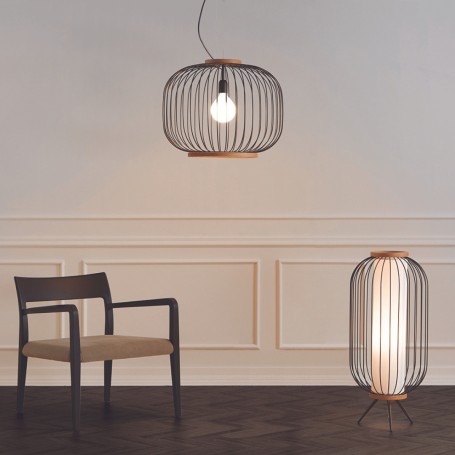 Sospensione Gibas Chaplin 195/25 con particolari in legno naturale, 1 E27, Struttura in metallo nero, Moderno, Diametro 48 cm