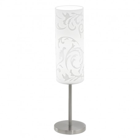 Lampada da tavolo Eglo Amadora 90051 con diffusore in vetro bianco decorato, Base Cromo satinato, 1 E27, Alta 46 cm, Moderna