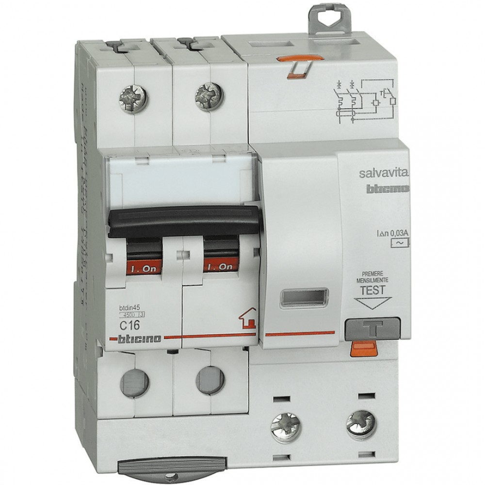 Bticino GC8230AC16 Interruttore magnetotermico differenziale 16A, 4 Moduli  DIN, 2 Poli, 230V, IP20, MADE IN ITAL, IMQ, 0.03A