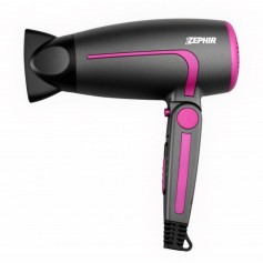 Zephir ZHB1600 Asciugacapelli con manico pieghevole, diffusore e beccuccio, 2 Velocità, Colpo di freddo, 1600W, Nero e rosa