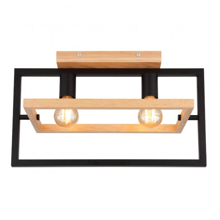 Globo Erica 15575-2D Lampada da soffitto con struttura in metallo nero e legno chiaro, 2 E27, Moderna e luminosa