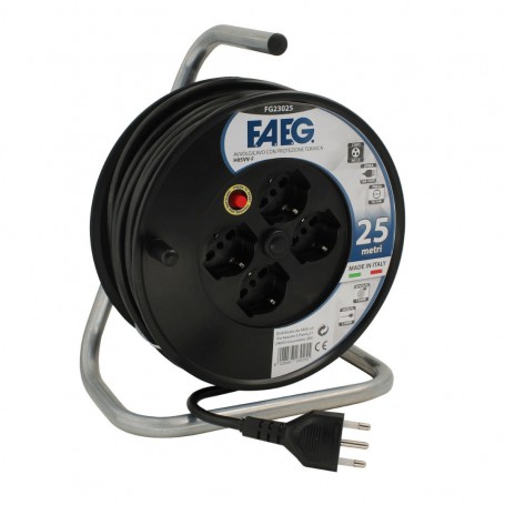 FAEG FG23025 Avvolgicavo 25 metri con 4 prese Schuko Bipasso 10-16A, Presa 2P+T 16A, Cavo 3x1.5 mmq, Nera, IP20D, MADE IN ITALY