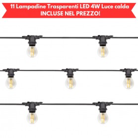 Lampo KITCTNNEBC Catena luminosa da esterno 11 metri, 11 Lampadine LED Trasparenti 4W Luce calda, Prolungabile, Nera, IP65