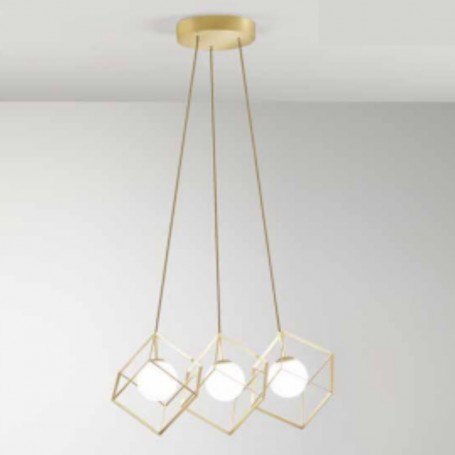 Perenz Cube 8146OR Sospensione 3 Cubi Oro con sfere in vetro bianco, 3 G9, Struttura in metallo