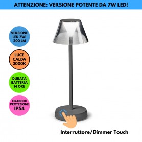 Ideal Lux Lolita TL1 Grigio Lampada da tavolo Ricaricabile, IP54 , 7W LED, Luce calda, Autonomia 14 ore, Dimmerabile