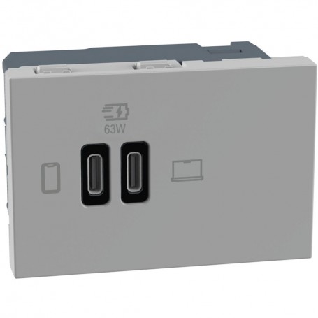 Bticino Matix Go JG4395CC Caricatore USB Tipo C 63W, Grigio, 2 USB, 2 Moduli, Alimentazione 220V