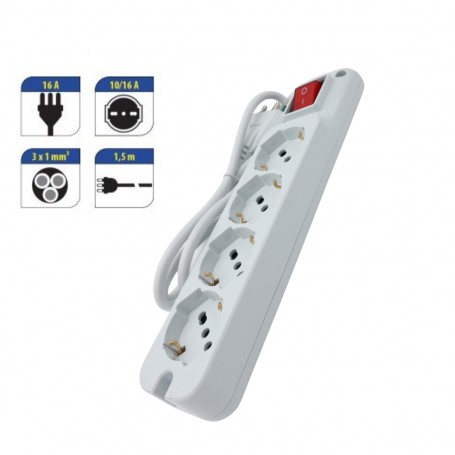 MED 7004B Multipresa 4 Prese Bipasso Schuko, Interruttore generale, Spina 16A, Bianca, Potenza massima 3500W