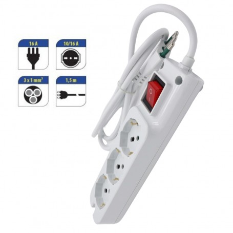 MED 7003B Multipresa 3 Prese Bipasso Schuko, Interruttore generale, Spina 16A, Bianca, Potenza massima 3500W
