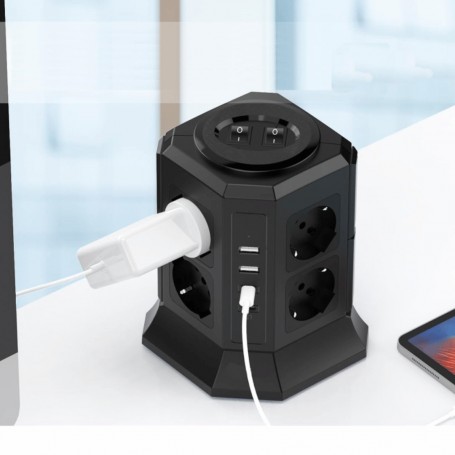 Multipresa Torre Verticale 8 Prese Universali 2 USB A + 2 USB C Global GL7044, 2 Interruttori generali, Potenza massima 4000W
