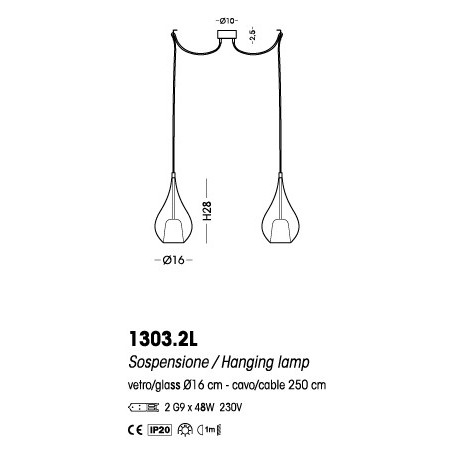 Sospensione Cangini&Tucci Zoe 1303.2L composta da due elementi con vetro di Murano ambra|MADE IN ITALY|Coppolav.it: Sospensione