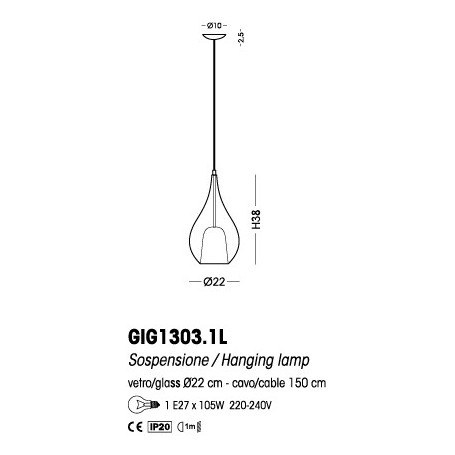 Cangini e Tucci Zoe GIG1303.1L Sospensione con vetro di murano Liscio Ambra, 1 E27, Diametro 22 cm, MADE IN ITALY