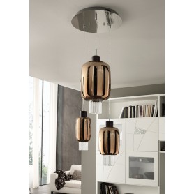 Cangini e Tucci Dolium 1369MX.3L Sospensioni con vetri di murano Oro Metallizzato, Particolari Legno Scuro, 3 E27, MADE IN ITALY