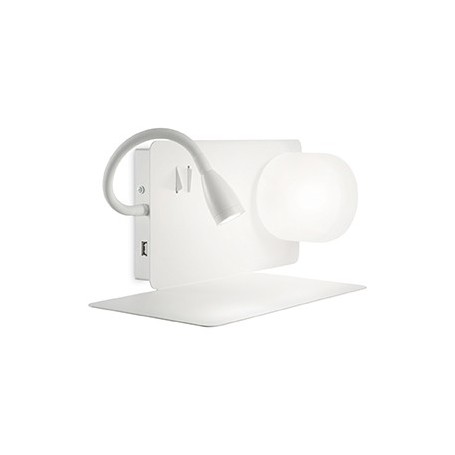 Lampada da parete con mensola verso sinistra Ideal Lux BOOK1AP2, Bianca, 1 G9 + LED 3W, Presa USB, Braccio flessibile gommato