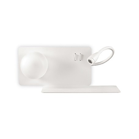 Lampada da parete con mensola verso destra Ideal Lux BOOK2AP2, Bianca, 1 G9 + LED 3W, Presa USB, Braccio flessibile gommato