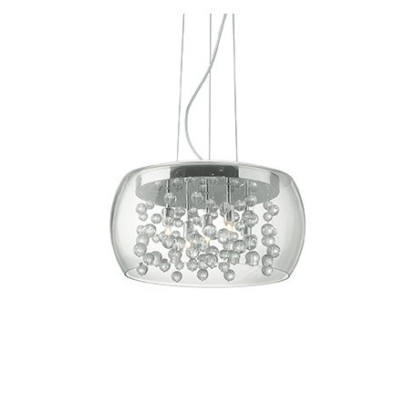 Sospensione Ideal Lux Audi-80 SP5 con sfere di vetro su fili di metallo, 5 G9, Vetro soffiato trasparente, Diametro 40 cm