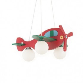 Sospensione aeroplano rosso Ideal lux Avion-2 SP3 con diffusori in vetro soffiato bianco acidato, 3 E14, Struttura in legno