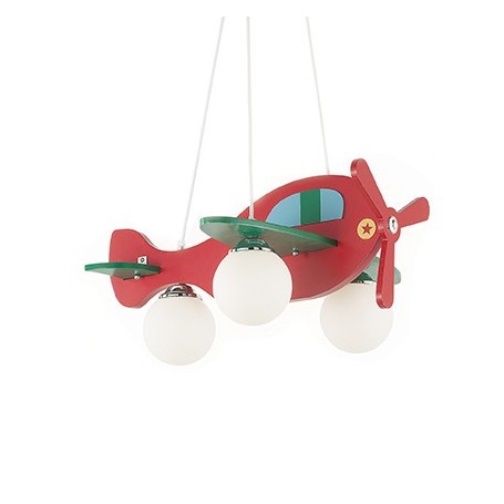 Sospensione aeroplano rosso Ideal lux Avion-2 SP3 con diffusori in vetro soffiato bianco acidato, 3 E14, Struttura in legno