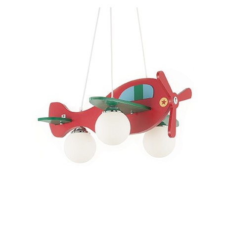 Sospensione aeroplano rosso con diffusori in vetro soffiato bianco acidato, 3 luci E14, Ideal lux Avion-2 SP3