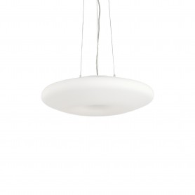 Sospensione Ideal Lux Glory SP3 D50 con diffusore in vetro soffiato, Bianca, 3 E27, Struttura in metallo nickel, Diametro 500 mm