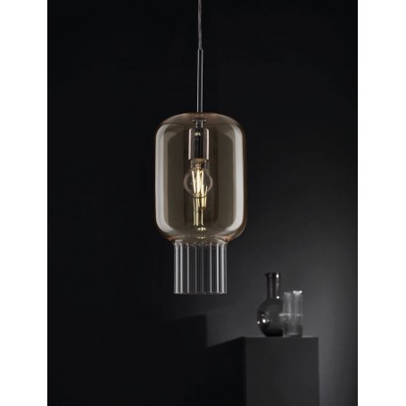 Cangini e Tucci Dolium XXL1363.1L Sospensione con vetro di murano Trasparente e Legno Scuro, 1 E27, Diametro 24cm, MADE IN ITALY