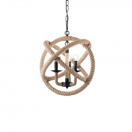 Sospensione Ideal Lux Corda SP3 con struttura in corda di canapa naturale. 3 E14, Particolari in nero, Catena regolabile, IP20