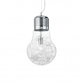 Sospensione Ideal Lux Luce Max SP1 Big a forma di lampadina con vetro trasparente decorato da fili di alluminio, 1 E27, 30 cm