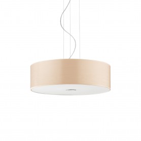 Sospensione Ideal Lux Woody SP4 con diffusore in PVC Color Legno, 4 E27, Struttura in metallo cromato, Diametro 50 cm, Moderna