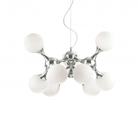 Sospensione Ideal Lux Nodi SP9 Bianca e Cromo Lucido, Diffusori in vetro soffiato bianco, Struttura in metallo, 9 E14, Moderna