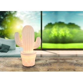 Lampada da comodino o tavolo a forma di cactus in porcellana Globo Lighting 22804, Bianco, Interruttore su filo, 1 E14, Moderna