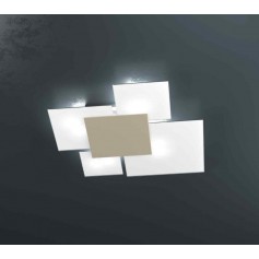 Plafoniera Bianca a 4 luci composta da quadrati sovrapposti Top Light Upgrade 1148/70-SA, Diffusori in vetro bianco, 4 E27