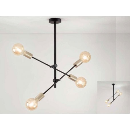 Plafoniera a 4 luci con bracci orientabili Nero opaco e ottone invecchiato Perenz Vector 6604N, 4 E27, Struttura in metallo