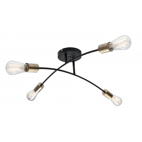 Plafoniera moderna con due bracci ricurvi neri e particolari ottone anticato Globo Lighting Sarini 54003-4, 4 E27, Luminosa