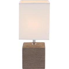 Lampada da comodino con base cubica in ceramica marrone e paralume in tessuto bianco Globo Lighting Geri 21675, 1 E14, IP20