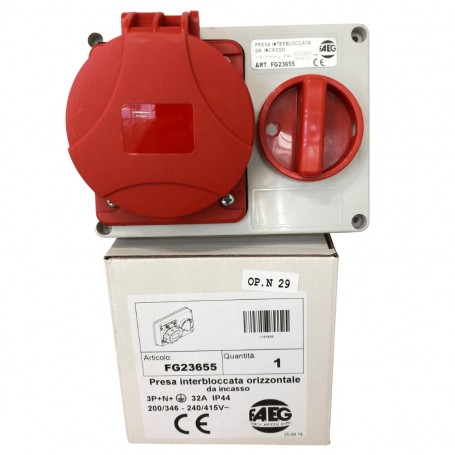 Presa industriale interbloccata con interruttore da incasso o parete 3P+N+T 32A 400V IP44 FAEG FG23655, -25°C +60°C