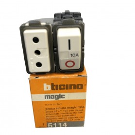 Bticino Magic 5114 Blocco con presa 10A e interruttore magnetotermico automatico 10A, Serie Civili, MADE IN ITALY