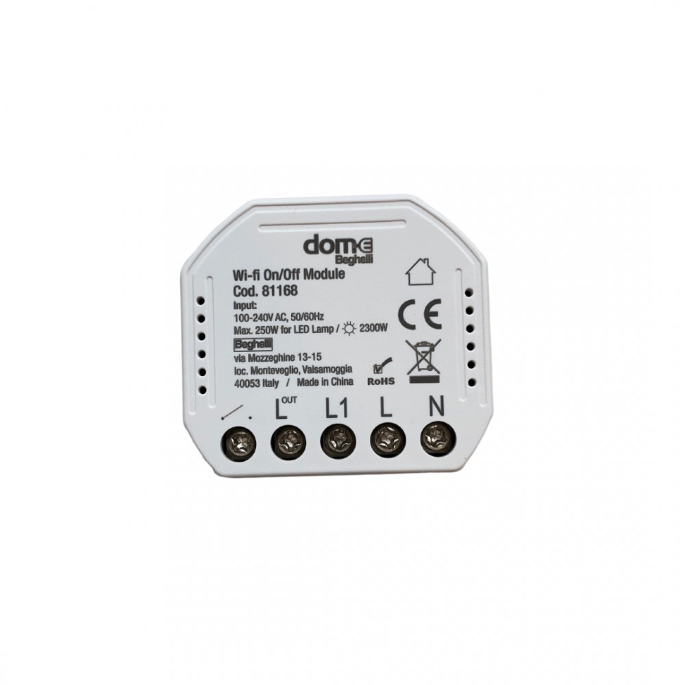 Beghelli Dome 81168 Modulo attuatore Wi-Fi ON-OFF, Smart con App Beghelli  DOME, Uscita relè, Massimo 250W Lampadine LED, IP20