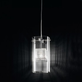 Sospensione moderna con vetro trasparente e gabbietta in metallo interna Perenz 5928, 1 G9, Struttura in metallo cromo lucido