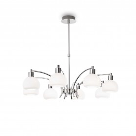 Sospensione Ideal Lux Tokyo SP8 con struttura in metallo cromo lucido, 8 E14, Vetro soffiato bianco, Regolabile in altezza