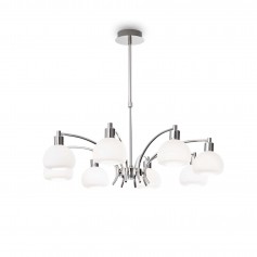 Sospensione Ideal Lux Tokyo SP8 con struttura in metallo cromo lucido, 8 E14, Vetro soffiato bianco, Regolabile in altezza