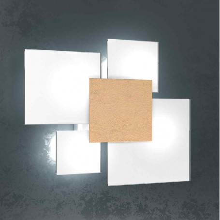 Plafoniera Top Light Upgrade 1148/45FO con quadrato centrale Foglia Oro, 4 E27, Diffusori in vetro bianco, Moderna e luminosa